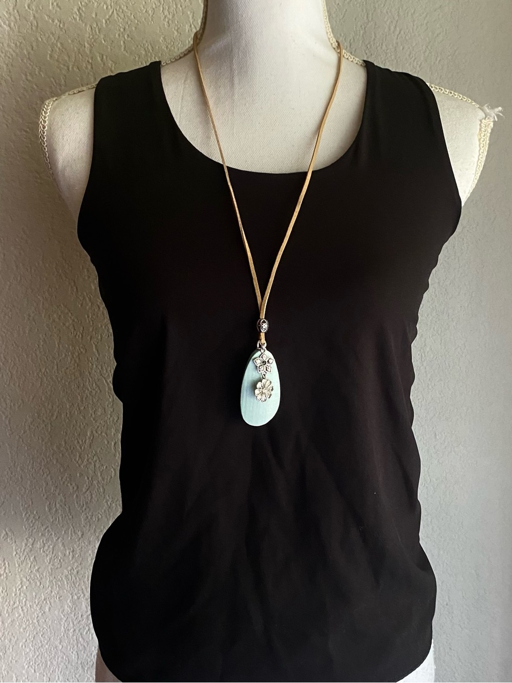Light Blue Pendant Necklace on Tan Cord